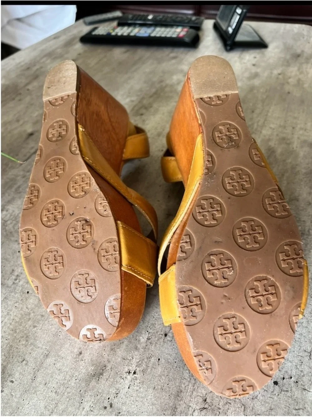 Tory Burch Mustard Tan Leather Wedge Sandals
